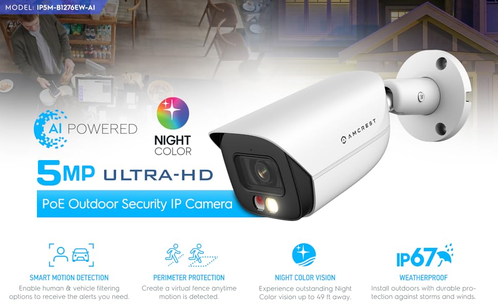 AI 5MP UHD PoE Camera night vision, 129 wide view angle 5MP resolution ip67 weatherproof