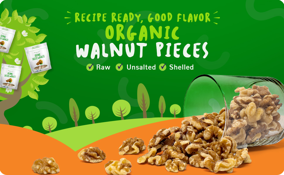 Looney Pruney, Walnuts. Recipe Ready, Good Flavor. Organic Walnut Pieces. Raw, Unsalted, Shelled.