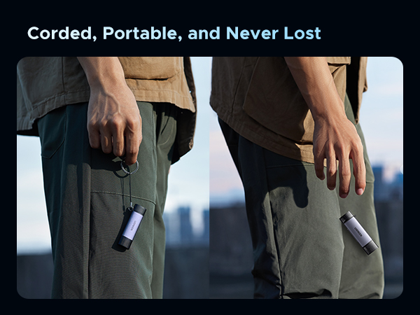 Two people wearing khaki pants, holding small portable devices attached to cords in their hands, demonstrating portability and wearability.