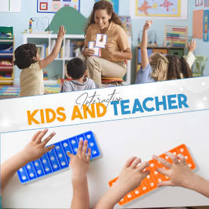 Text reads 'KIDS AND TEACHER'. Educational or teaching materials displayed in multiple images showing colorful learning tools.