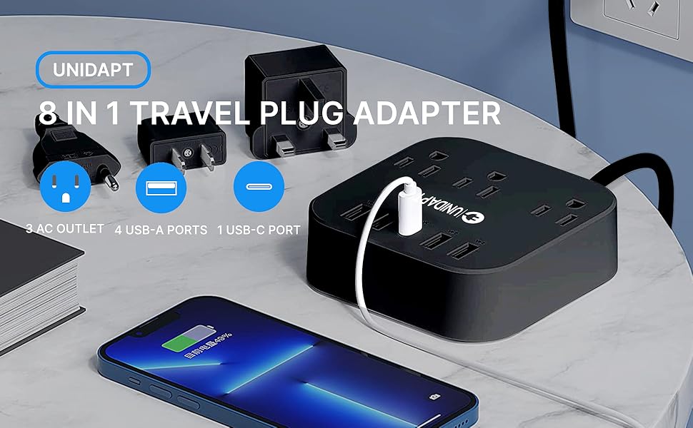 European Plug Adapter, Unidapt US to UK Europe Power Strip for EU/UK/US with USB C and 4 USB Ports, 3 AC Outlets, Wall Mountable, 5ft Extension Cord, for Travel Cruise Ship Home (Black) 8 European travel plug adapter for EU, UK and USA with 8 charging ports