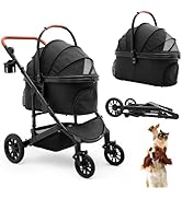 Pet Stroller with 4 Wheels, Foldable Pet Travel Carrier for Small/Medium Dogs Cats up to 50lbs, D...