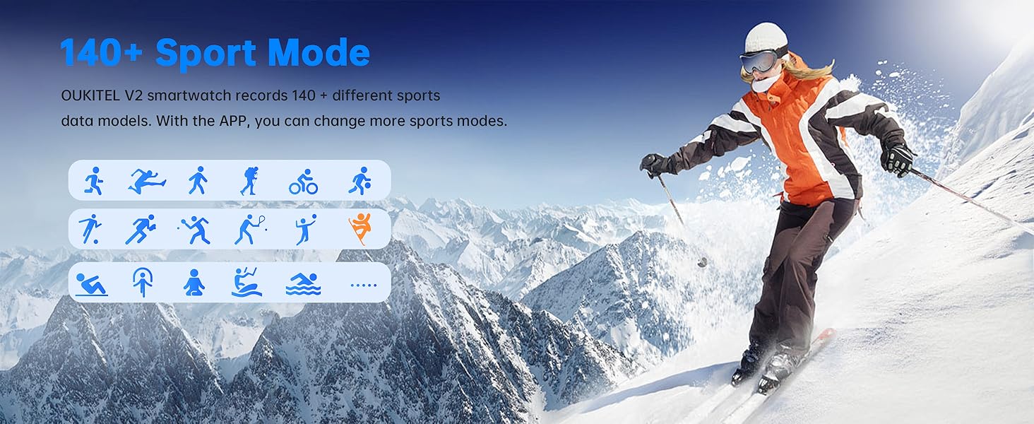 Smartwatch interface displaying '1404 Sport Mode' with icons for various sports activities. Skier in orange jacket shown against snowy mountain backdrop.