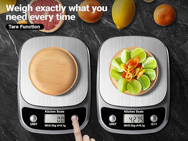 Food scale with tare function weighs digital grams and ounces