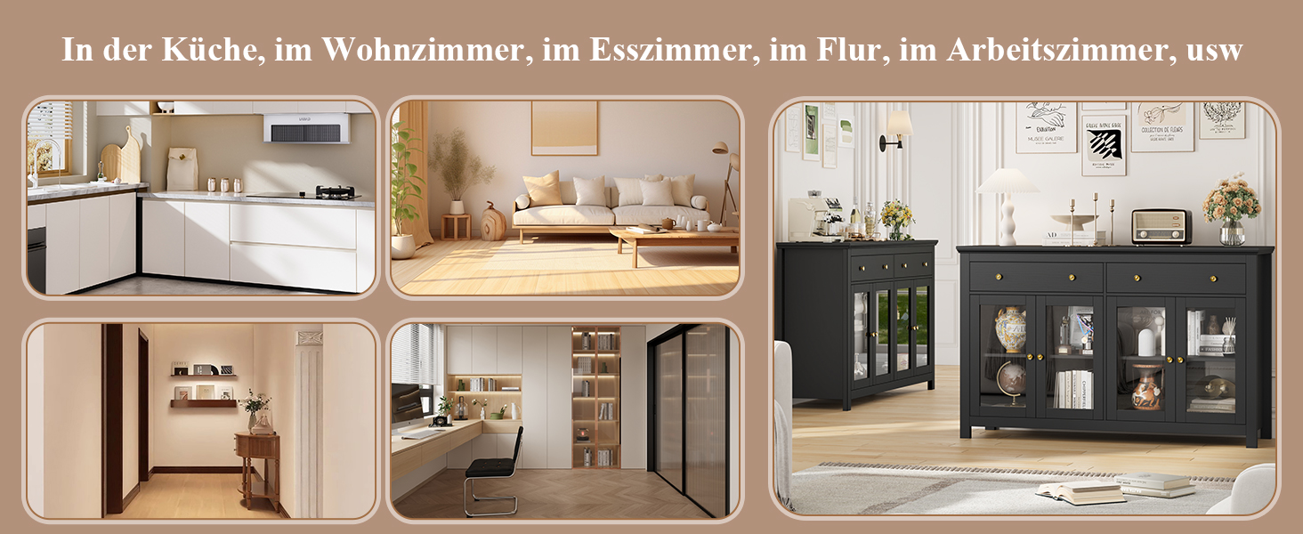 Collage von Innenarchitekturbildern, die verschiedene Räume zeigen: Küche, Wohnzimmer, Essbereich, Flur und Heimbüro. Verfügt über moderne Möbel und Dekor in neutralen Farbtönen
