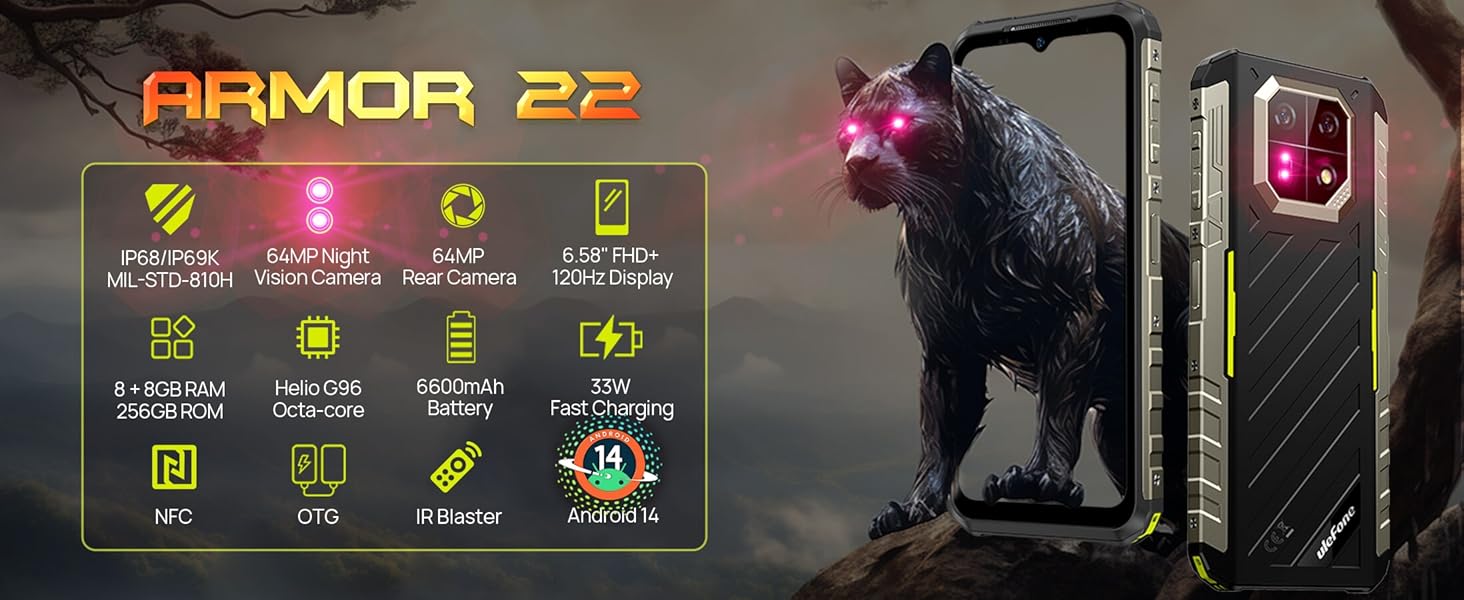 Ulefone Armor 22 Android 14 Rugged Phone 16G+256GB Rugged Smartphone 6600mAh 64MP+64MP Night Vision