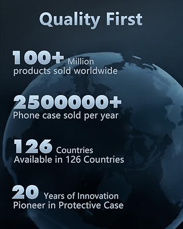 Marketing infographic showing company statistics: 100+ million products sold, 2.5 million phone cases yearly, presence in 126 countries, and 20 years of protective case innovation.