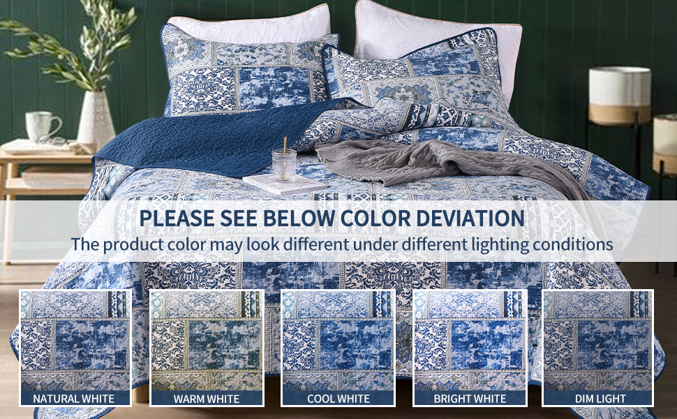 Qucover Bedspreads Super King 3 PCs Reversible Blue Patchwork Quilt