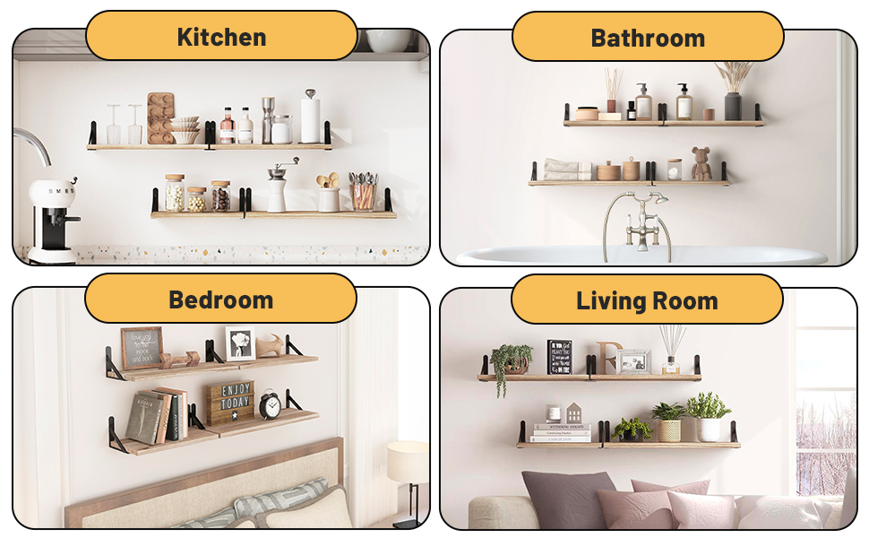 Four-panel image showing floating wooden shelves installed in different rooms: kitchen, bathroom, bedroom, and living room.