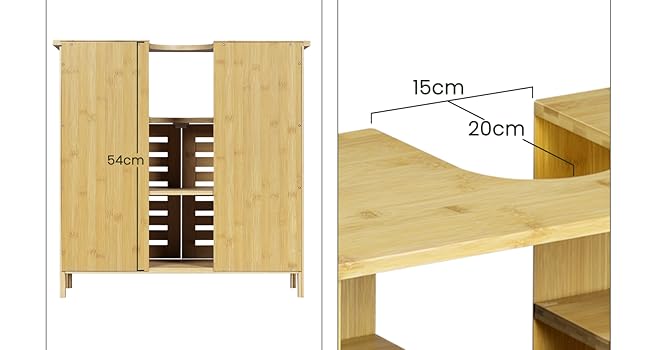 Wooden storage cabinet with dimensions. Left panel shows full cabinet, right panel details 15cm depth and 20cm width of interior shelf.
