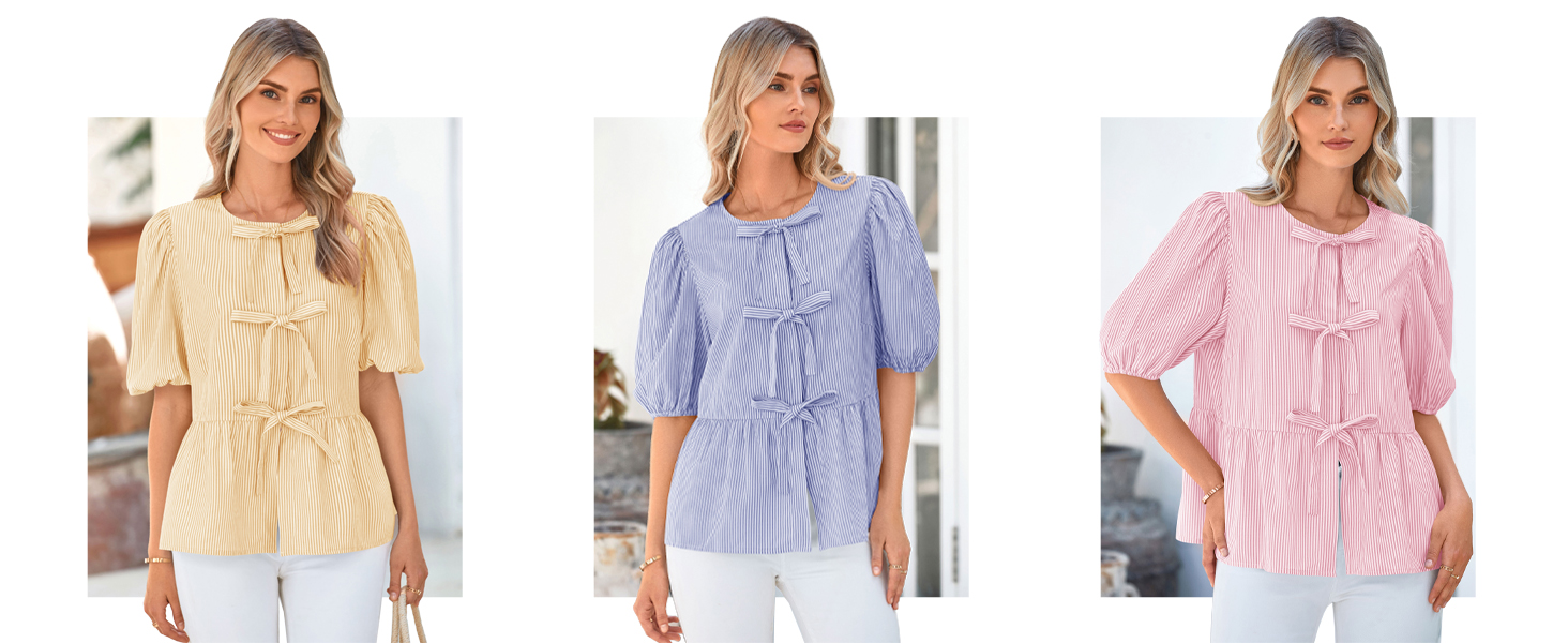 PRETTYGARDEN Womens Fashion Striped Shirts Ruffle Hem Button Front Top