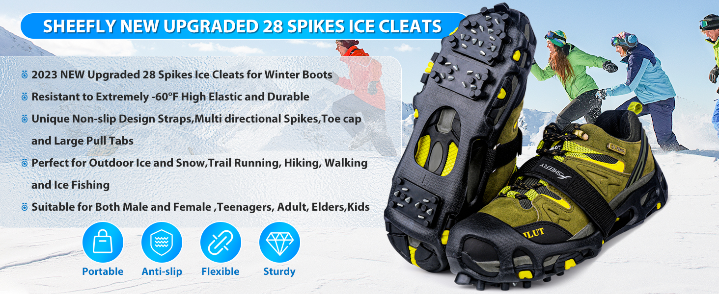 SHEEFLY Ice Cleats Crampons, 28 Microspikes AntiSlip Ice Grips for