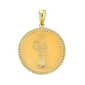 10k Yellow Gold Santa Muerte (Grim Reaper) Cuban Link Frame Medallion Pendant