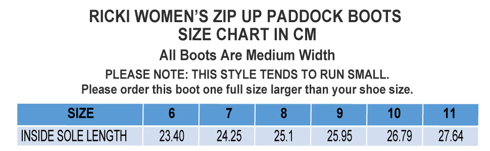 Size chart for the Ricki Zip up boots
