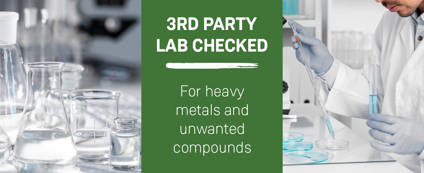Laboratory glassware and scientist in background. Text overlay: '3RD PARTY LAB CHECKED For heavy metals and unwanted compounds'.