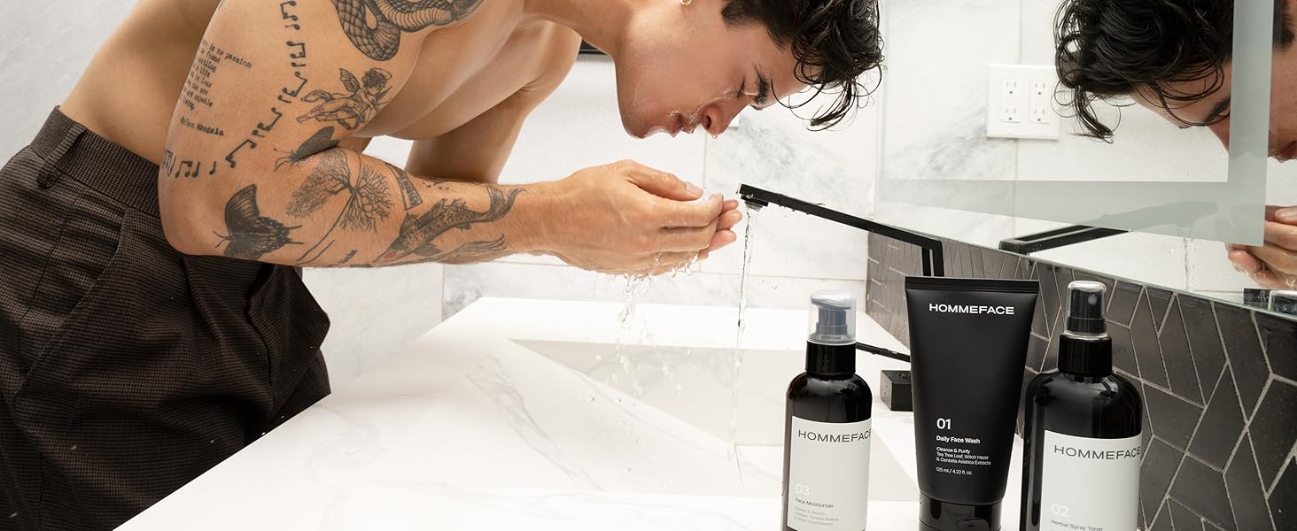 Male model with the face mask on his face.