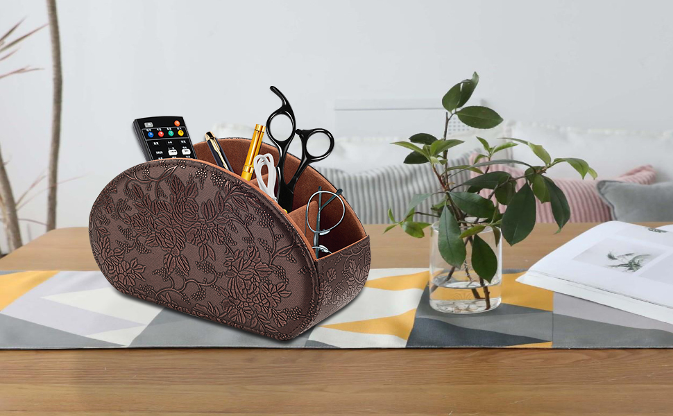Tv Remote Holder Tray with 5 Compartment,PU Leather Remote Control
