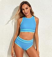 Jolefille Womens High Waisted Bikini Set Two Piece Swimsuit High Neck Tops Bathing Suit Full Cove...