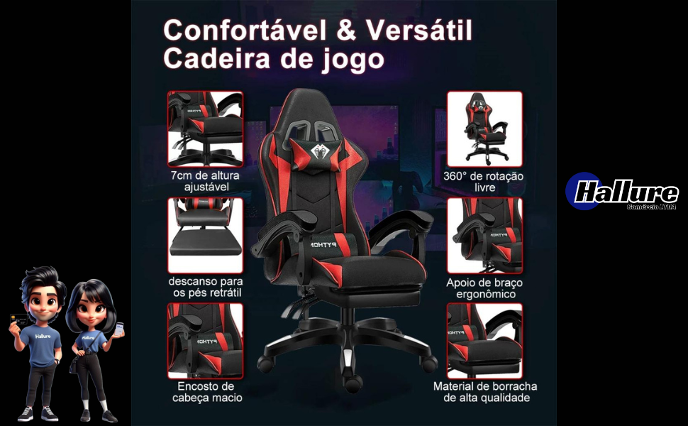 Assento acolchoado e apoio para os pés ajustável para sessões de jogo prolongadas sem desconforto