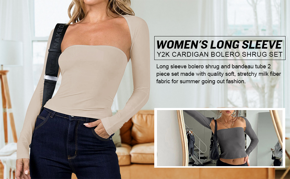Women 2 Piece Long Sleeve Y2K Cardigan Bolero Shrug Set