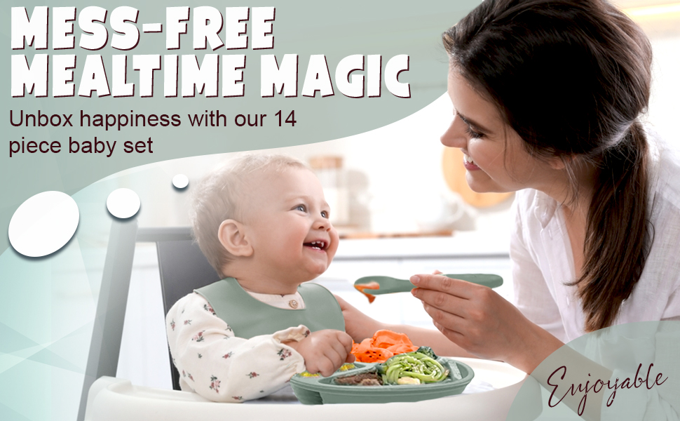 Mother feeding baby with silicone feeding set. 