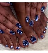 48 Pcs Diamond Press on Nails & Press on Toenails Set Blue Rhinestone Full Cover Glue on Nails Nu...