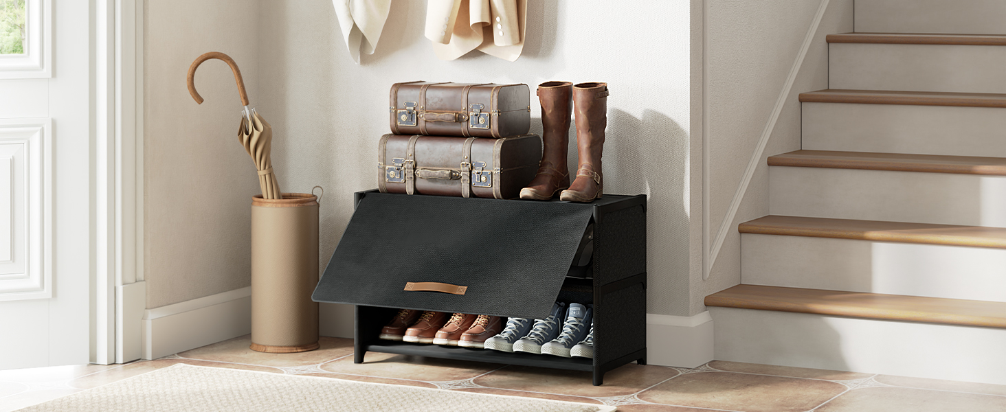 Shoe Rack, 3 Tier Shoe Storage Cabinet with Door 12 Pair Plastic Shoe Shelves Organizer