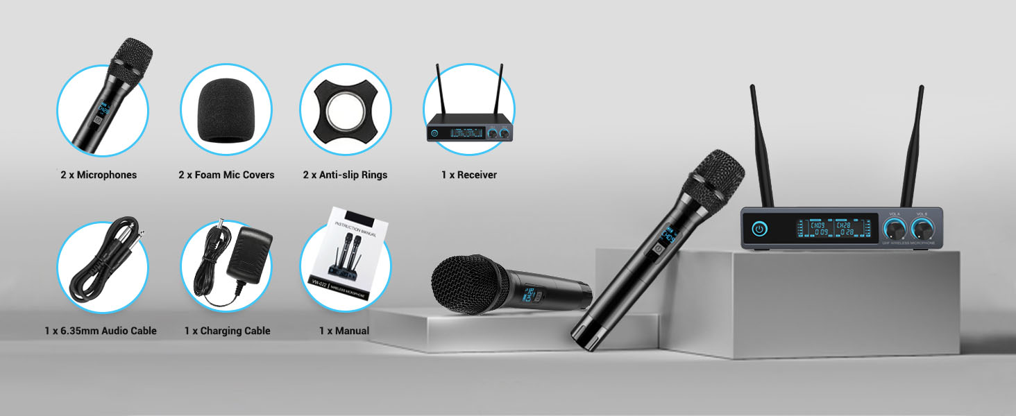 VeGue UHF Wireless Microphone, Metal Professional Dual Channel Handheld