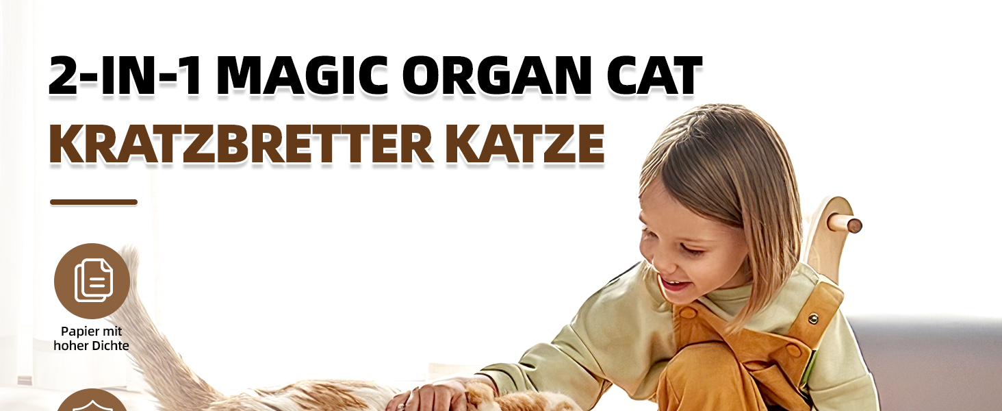2-in-1-Produktwerbung zum Kratzen von Magic Organ Cat mit spielerischer Interaktion mit einem orangefarbenen, katzenförmigen