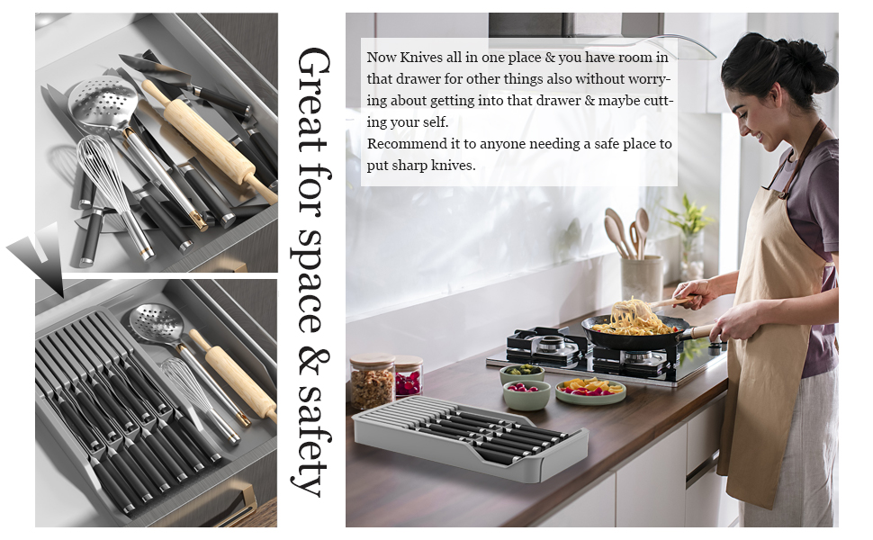 Mulikeer Knife Holder, In Drawer Knife Block Holder with Expandable Cutlery Tray