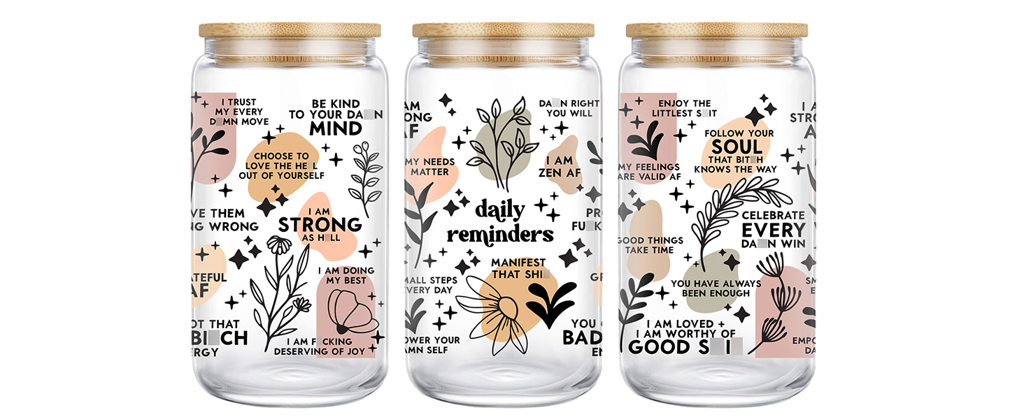 daily affirmations for women, mindfulness, self care gifts for women, reminder, inspiring glass cup