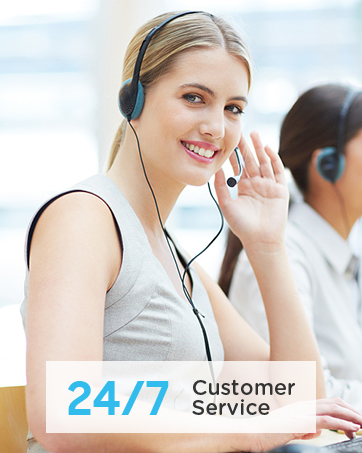 montrant un représentant portant un casque avec une superposition de texte « Service client 24h/24 et 7j/7 » dans un environnement