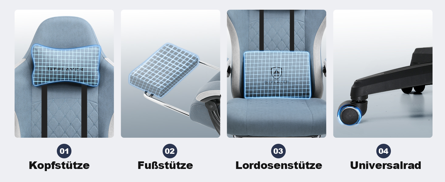 Bild mit vier Panels, das Stuhlzubehör zeigt: Kopfstütze, Fußstütze, Lendenwirbelstütze und Universalrad für die individuelle Gestaltung von Bürostühlen