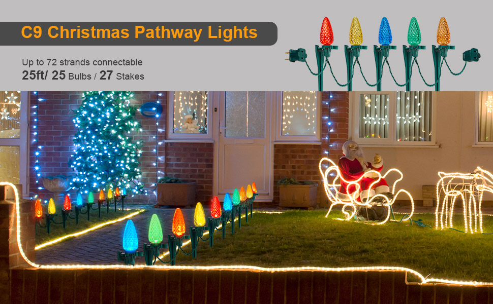 SURAIELEC Christmas Pathway Lights Outdoor, 25FT C9 Christmas Lights