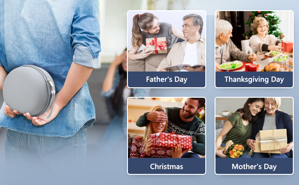 Le texte se lit comme suit : « Fête des pères », « Thanksgiving », « Noël », « Journée de la femme ». Collage de quatre photos de fêtes de fin d'année illustrant divers moments de réunions de famille.