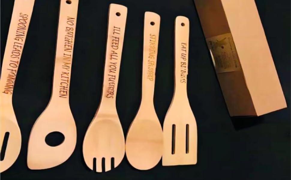 Funny Wooden Spoon Set, 6Pcs Wooden ooking Spoons, Engraved