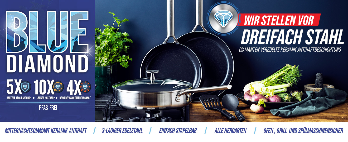 Blue Diamond Cookware Triply Edelstahl Keramik Antihaft, 24 cm und 28 ...