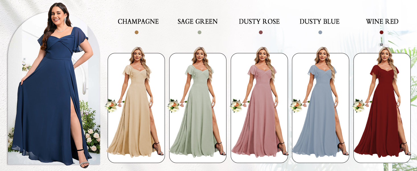 Women’s A Line Bridesmaid Dress Long with Slit Pleated Chiffon Evening  Gown with Pockets