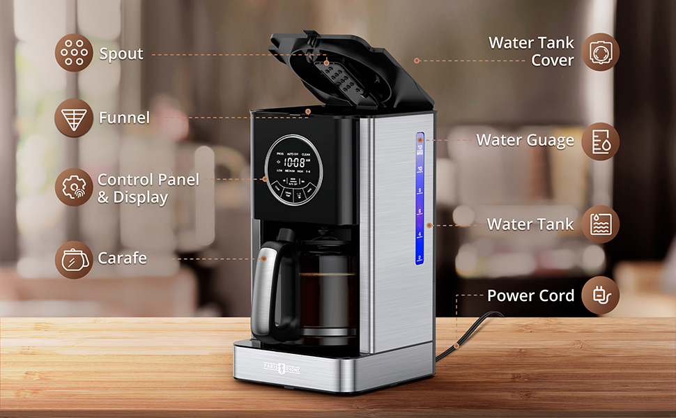 PARIS RHÔNE Coffee Maker,Drip Coffee Machine with Glass Carafe, Automatic,Keep Warm