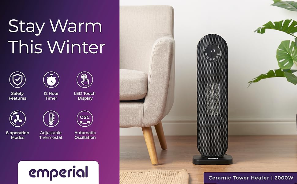 Emperial Fan Heater, Ceramic Tower Electric Heater 2000W with LED