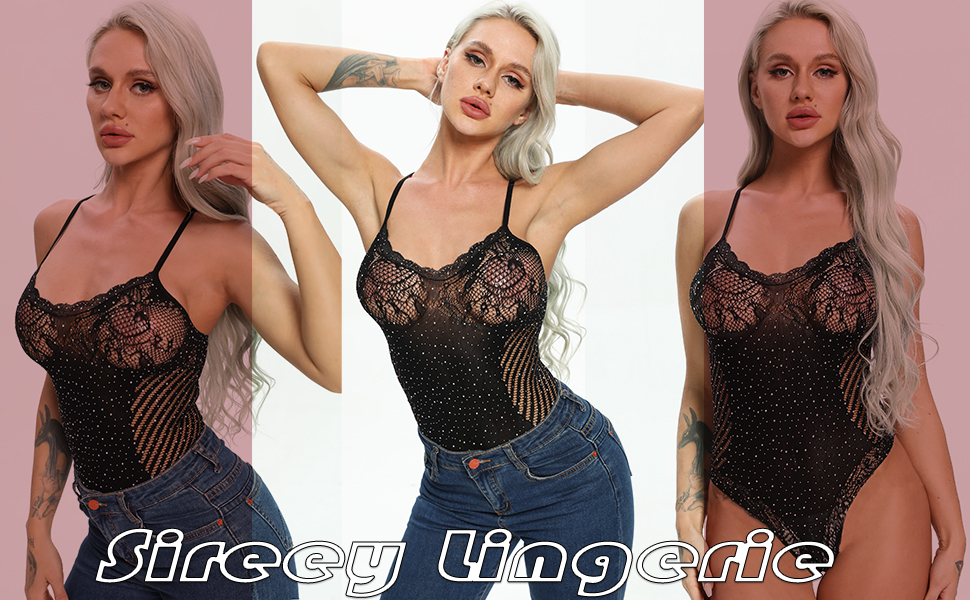 Sexy fishnet teddy lingerie with sparkling rhinestones makes you the spotlight girl.