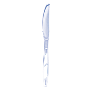 A single disposable clear plastic knife utensil