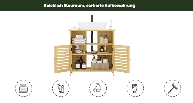 Wooden storage cabinet with doors open showing multiple compartments and shelves, with five product feature icons below.