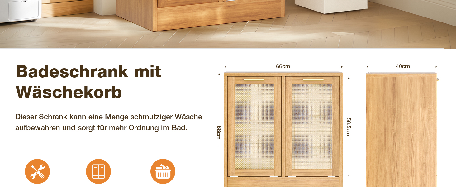Badezimmerschrank aus Holz mit Wäschekorb. Zwei Gittertüren, 60 cm breit, 54 cm hoch, 21 cm tief. Konzipiert für die Aufbewahrung schmutziger Wäsche