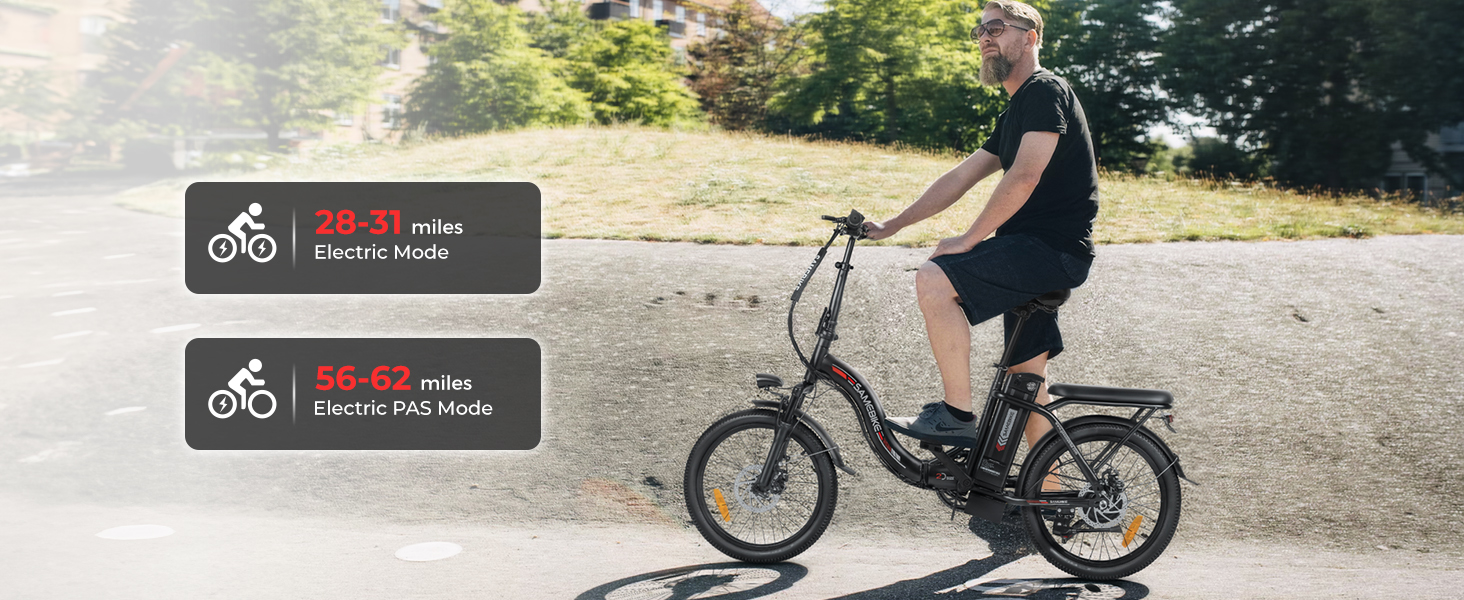Electric bike being ridden on a nature path, with two information panels showing cycling-related statistics.