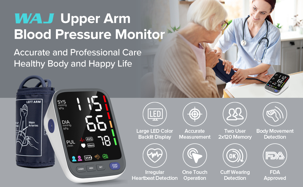 WAJ upper arm blood pressure monitor with large digital display showing readings. Features multiple health monitoring icons and FDA certification.