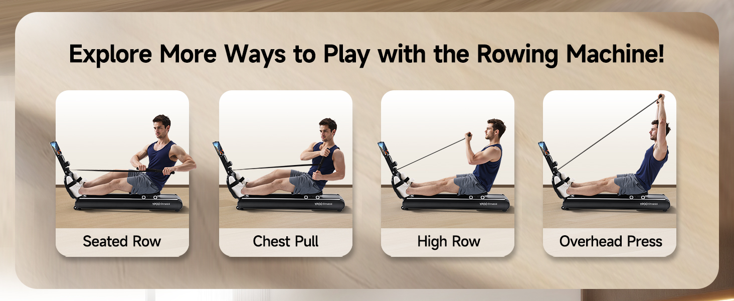Instructional composite showing four rowing machine exercises: Seated Row, Chest Pull, High Row, and Overhead Press. Each panel demonstrates proper form for the exercise.