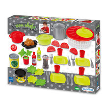 Set di blocchi colorati per bambini in confezione per la vendita al dettaglio con pezzi rossi, verdi e bianchi con elementi a forma di fungo.