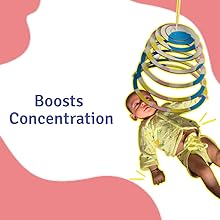 Wooden spiral hanging mobile with a baby playing it stating that it boosts concentration
