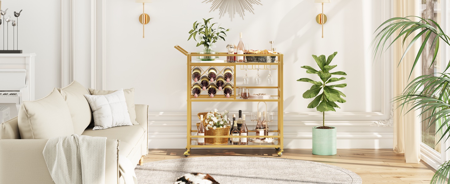 FATORRI Bar Cart for The Home with Wine Rack and Glasses Holder (Gold)